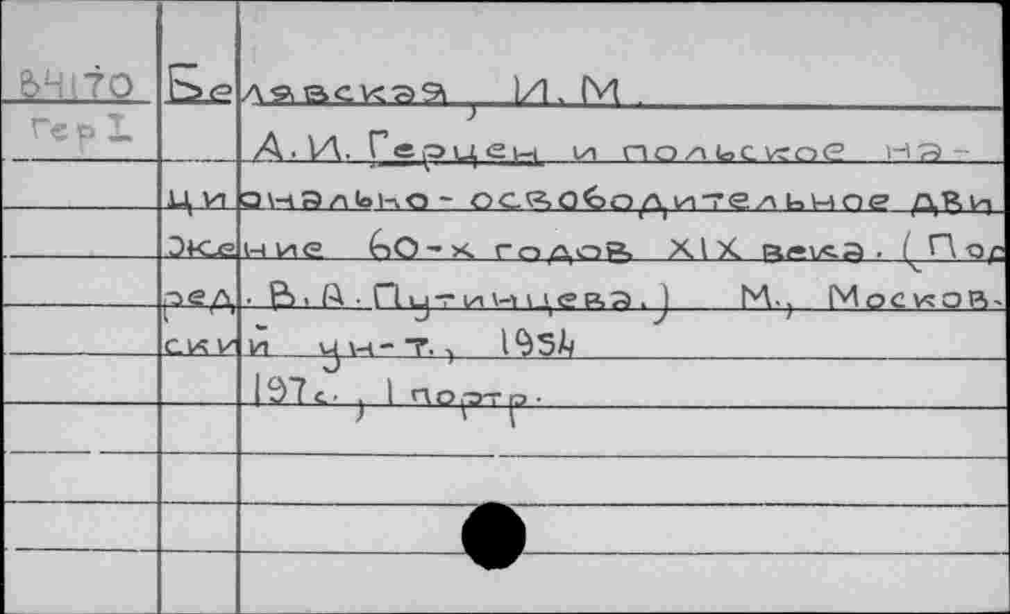 ﻿е>Н|?о	Не	аааск} 1/1. М
Гер I.		Д.\Л. Герцен ьп по/ИоС\<ое из --
	Ц VI	онЯл1р|-.о - осяобали^ел кнпр дР,и
		ние (~>О - х. го^ой. XIX. й/*кд , ( Пор
	РеЛ	• В, (Д ■ Путинцелл. j М.; Москор,-
	05 V	и ц\-ч-*?■-> 1^5^
		1Э~?с- I Портр.
—		
		